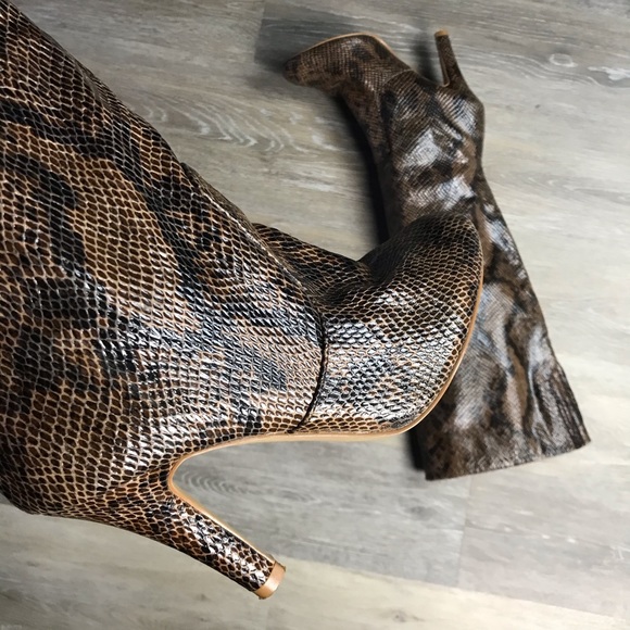 snakeskin high heel booties
